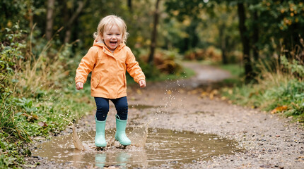 Fototapeta premium Toddler in an orange raincoat jumping into a muddy puddle. Child wearing green rain boots splashing in water on a forest path. Fun outdoor activity on a rainy day