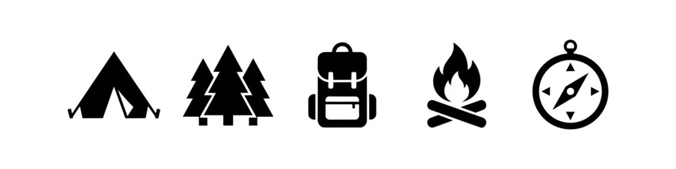 Set of minimalist camping and outdoor adventure icons including a tent, pine trees, backpack, campfire, and compass. Black silhouettes on a white background, perfect for travel and nature themes. © Nort Kor