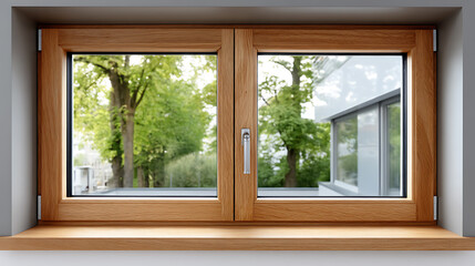 Fototapeta premium Modern wooden window frame with clear glass overlooking lush green trees and contemporary building, bright natural lighting, indoor view
