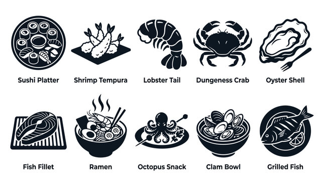 Modern seafood silhouette vector pack featuring sushi platter  shrimp tempura  lobster tail  crab  oyster shell  fish fillet  ramen with seafood topping  octopus snack  clam bowl  and grilled fish