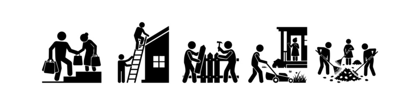 Vector icon set illustrating community service and neighborly help, including elderly care, home repairs, gardening, and teamwork for social support and volunteering.