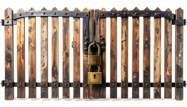 Old rustic wooden gate with two brass padlocks securing it shut, representing security and protection