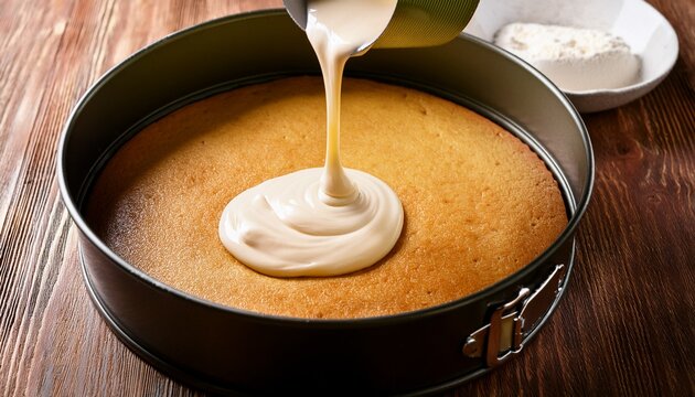 Pouring Cake Batter Into A Round Baking Pan
