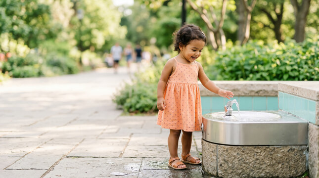 Toddler girl standing by a water fountain in a public park. Young child reaching for flowing water on a sunny day. Copy space for text