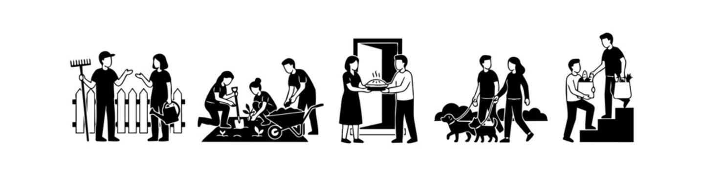 Minimalist black and white illustrations showing community activities like gardening, sharing food, walking dogs, and helping neighbors, representing kindness, support, and cooperation.
