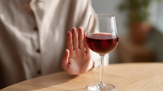 Person refuse red alcohol beverage, gesture no, hand reject drink from wine glass, concept of sobriety, healthy lifestyle choice and aversion