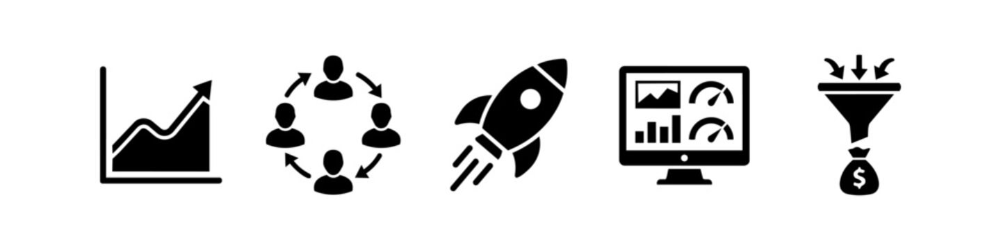 Set of business growth and marketing icons featuring a progress chart, teamwork cycle, rocket launch, data dashboard, and sales conversion funnel. Perfect for startup and finance concepts.