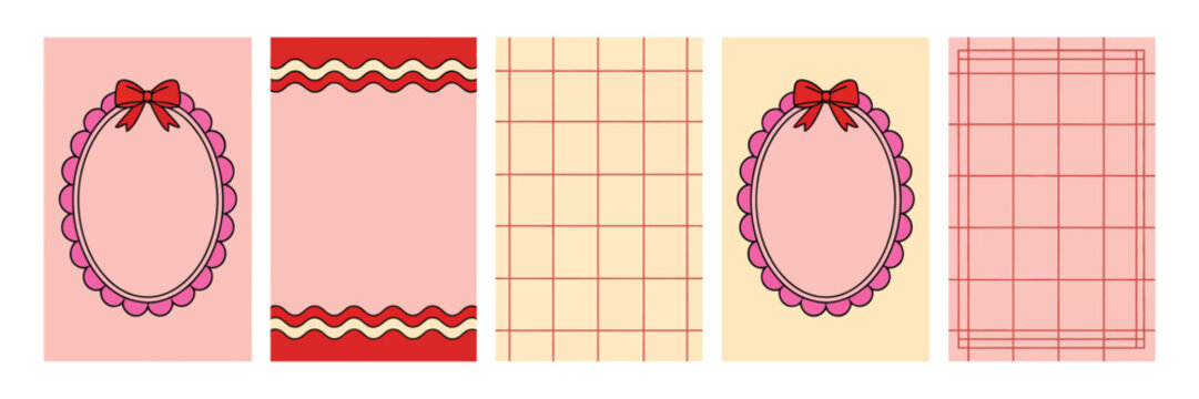 Cute vertical backgrounds, doodle checkered patterns and decorative border frames, aesthetic social media template and printable stationery vector.