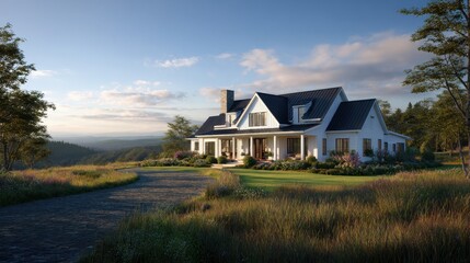 Obraz premium Modern farmhouse on rolling meadow hill â€“ 3D rendered real estate concept