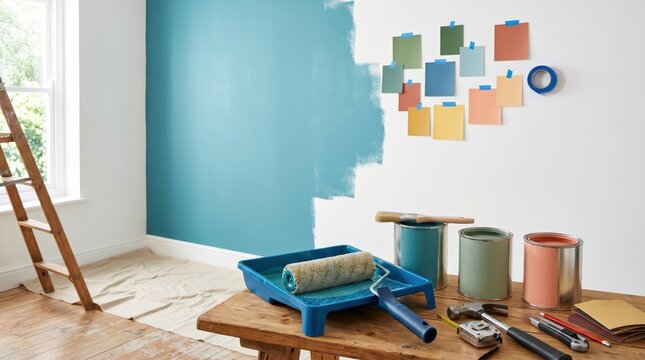 Painter applying teal wall paint with roller tray cans brushes and taped color swatches in sunlit room during renovation