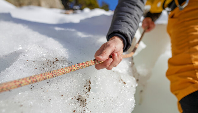 Macro Photo of Climber Rescuing Partner From Icy Crevasse Using Tight Rope System 4K