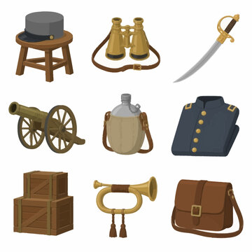 Collection of American Civil War military equipment icons including Union army jacket, kepi hat, brass cannon, field binoculars, canteen, bugle, cavalry saber, supply crates, and leather bag.