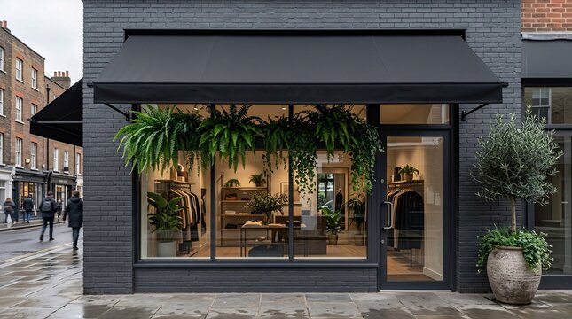 Crisp matte black awning extends over a chic boutique window featuring hanging lush tropical ferns against a modern dark grey brick facade.
