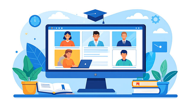 Online learning and remote education, video conference with diverse students and teachers, digital classroom, virtual meeting, e-learning concept