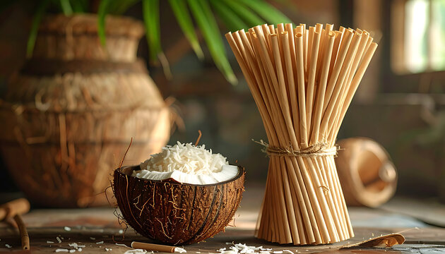 Natural coconut half filled with shredded coconut beside a bundle of wheat stalks tied with twine on a rustic wooden surface, organic food ingredients, healthy eating