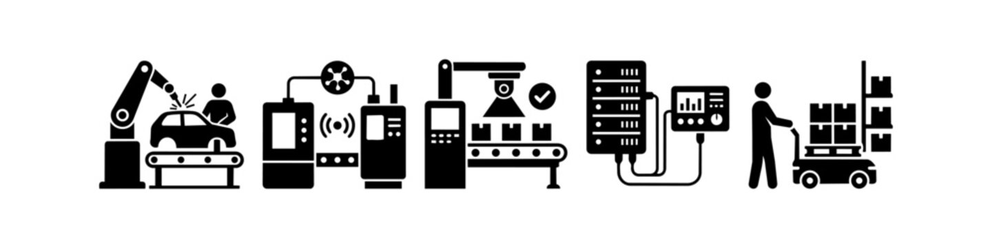 Flat vector icons representing Industry 4.0, smart manufacturing, robotic car assembly, M2M communication, automated packaging, data center management, and warehouse logistics.