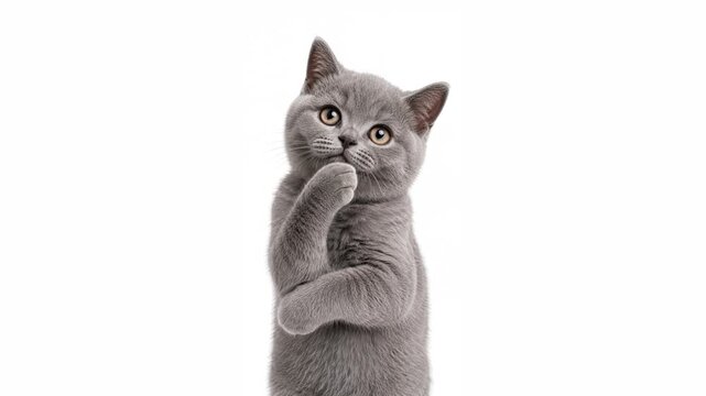 Thinking reaction British Shorthair cat on white background, horizontal video