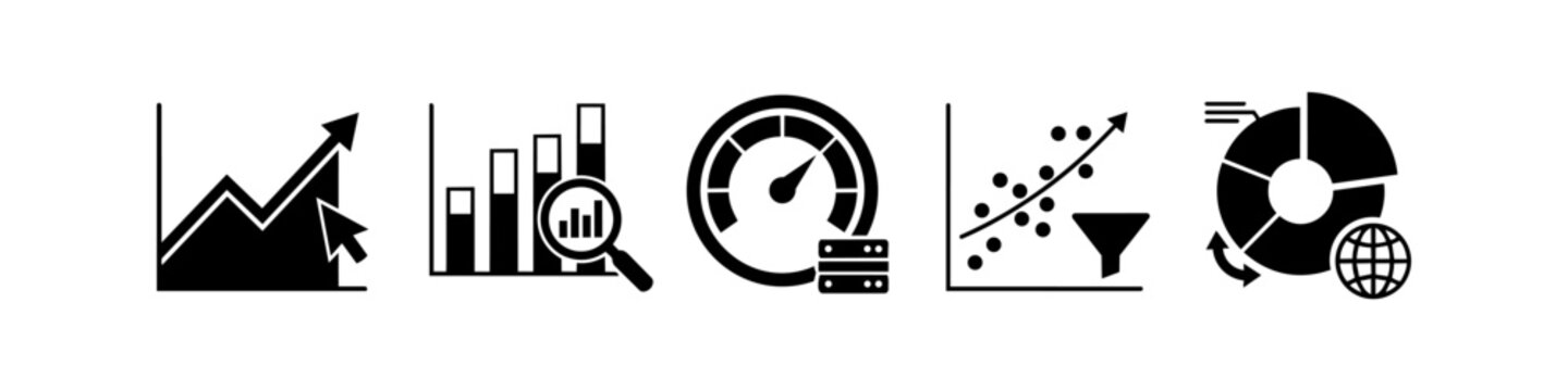 Set of five data analysis and business intelligence icons featuring line graphs, bar charts, gauges, scatter plots, and pie charts for statistics and performance tracking.