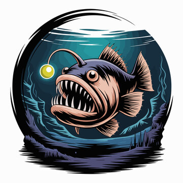 Anglerfish with large sharp teeth underwater.