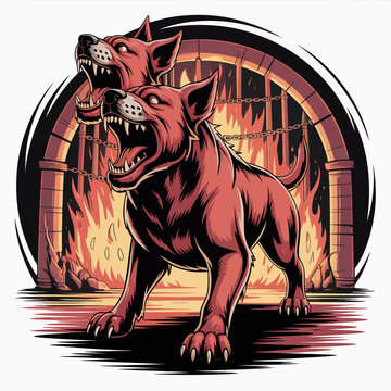 Two red dogs standing aggressively together.