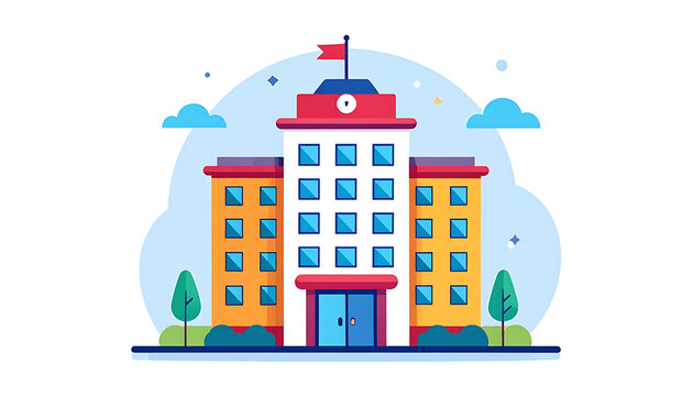 Modern school building facade with bright windows, trees and clouds, education and learning concept