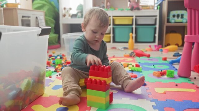 Boy stacking colorful plastic toy blocks on a foam alphabet playmat amid scattered toys inside building playroom; concentration discovery.