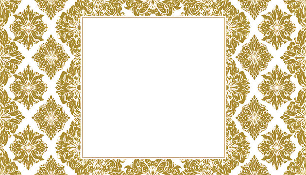 Ornate golden damask pattern border, decorative frame with floral motifs on white background, vintage textile design element