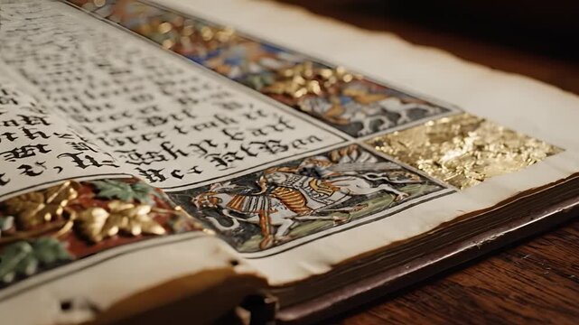 Ancient Illuminated Manuscript Page with Intricate Decorations and Text.