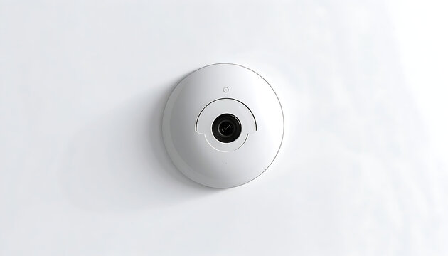 Modern white dome security camera with dark lens, mounted on a plain white surface, surveillance concept