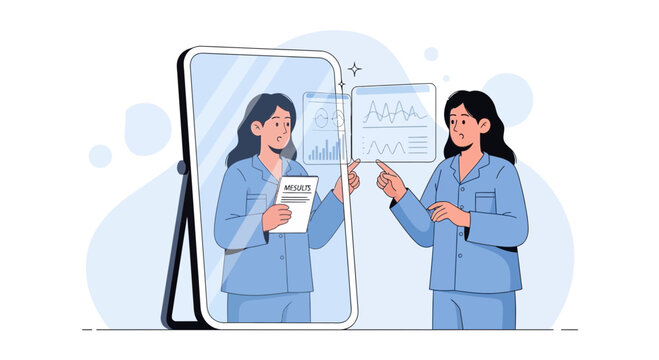 Woman in pajamas analyzing self-reflection with charts, market trends