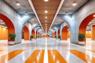 Naklejka premium Empty underground parking garage with strong perspective, orange arches and modern concrete design