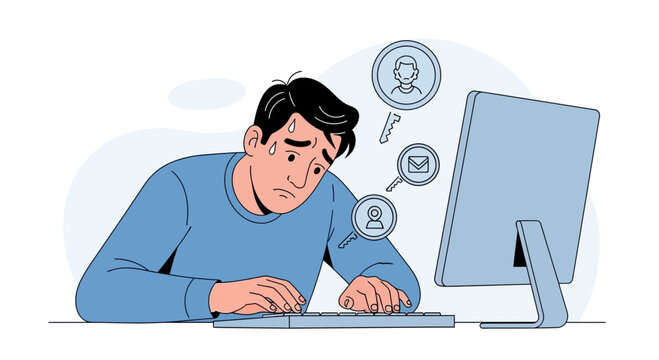 Stressed Man Working on Computer, Overwhelmed by Digital Tasks and Information Overload