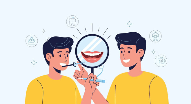 Smiling man examining teeth in mirror, dental hygiene concept