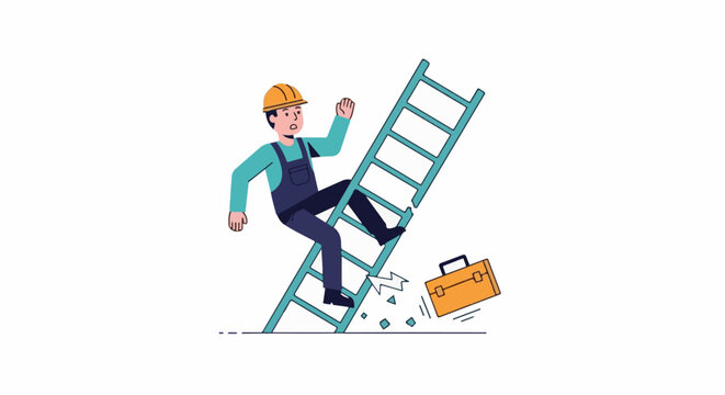 Worker falls from ladder, dropping tools, with broken ladder rungs