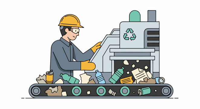 Worker in hard hat operates recycling machinery sorting waste on a conveyor belt