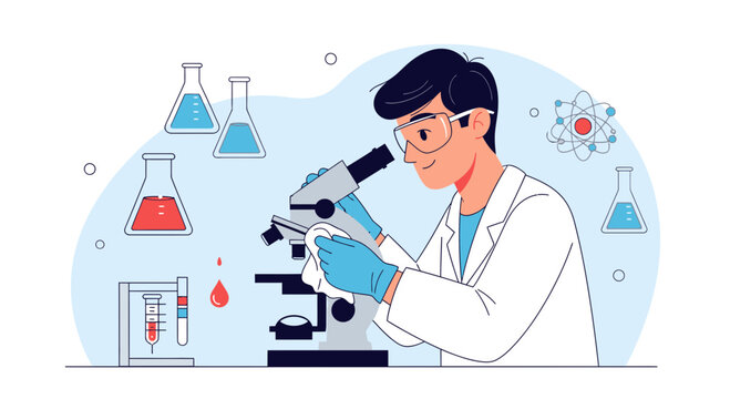 Scientist conducting experiment with microscope in laboratory, surrounded by lab equipment