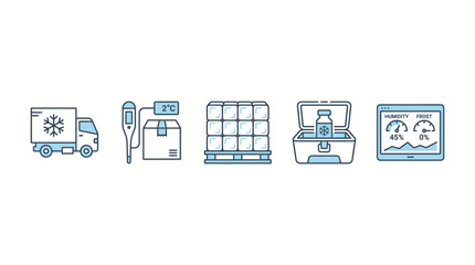 Obraz premium Cold chain logistics and refrigerated medicine transport icon set