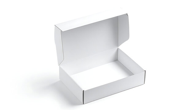 Open plain white cardboard box, product packaging mockup, empty container for shipping or storage