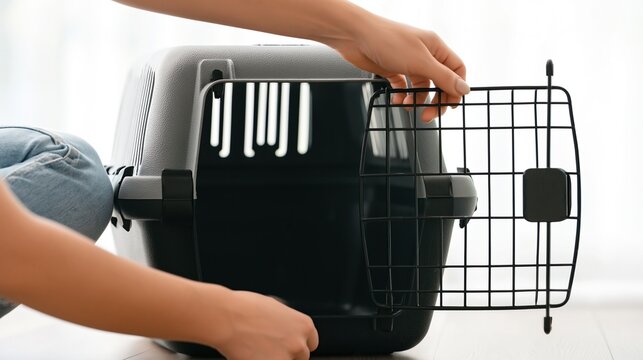 Black plastic pet carrier with metal door being opened