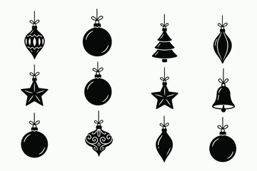 Obraz premium Christmas bauble icon vector set hanging holiday ornament silhouette black shape graphic element isolated on white background