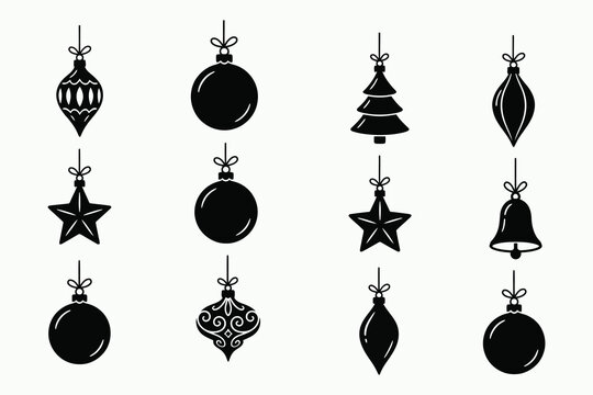 Christmas bauble icon vector set hanging holiday ornament silhouette black shape graphic element isolated on white background
