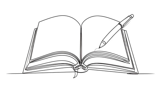 Open book with pen poised to write, symbol of knowledge, learning, and education, outline illustration