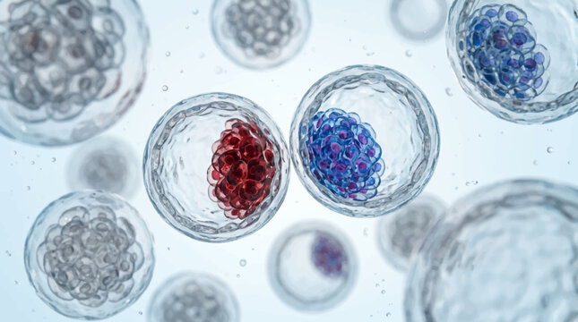 Microscopic Close Up of Embryonic Stem Cells Division, Human Blastocyst or Zygote Development Concept, Biotechnology Laboratory Research in Microbiology and Genetics