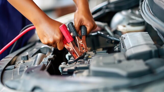 Car battery jump start with jumper cables in engine bay