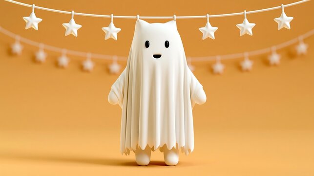 Cute 3d cartoon white ghost character standing under string of white star garland on warm orange background for fun cute halloween holiday decoration