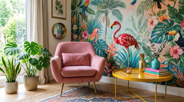 Pink velvet armchair beside yellow round table and tropical flamingo wallpaper in bright cozy living room interior setting