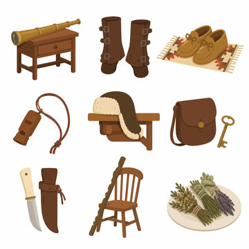 Vector illustration set of vintage frontier equipment including a brass telescope, leather gaiters, moccasins, trapper hat, hunting knife, leather satchel, and dried herbal bundles.