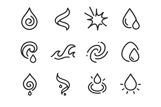 Neon Liquid Icons. Neon magical liquids. Line outline icon set of Neon magical liquids: glowing droplet swirl,
