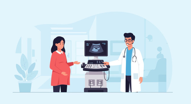 Pregnant woman medical checkup, doctor using ultrasound machine, prenatal care illustration