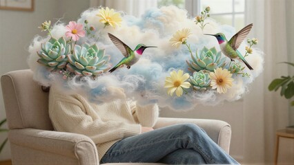 Obraz premium Person relaxes in armchair dreaming of hummingbirds and flowers